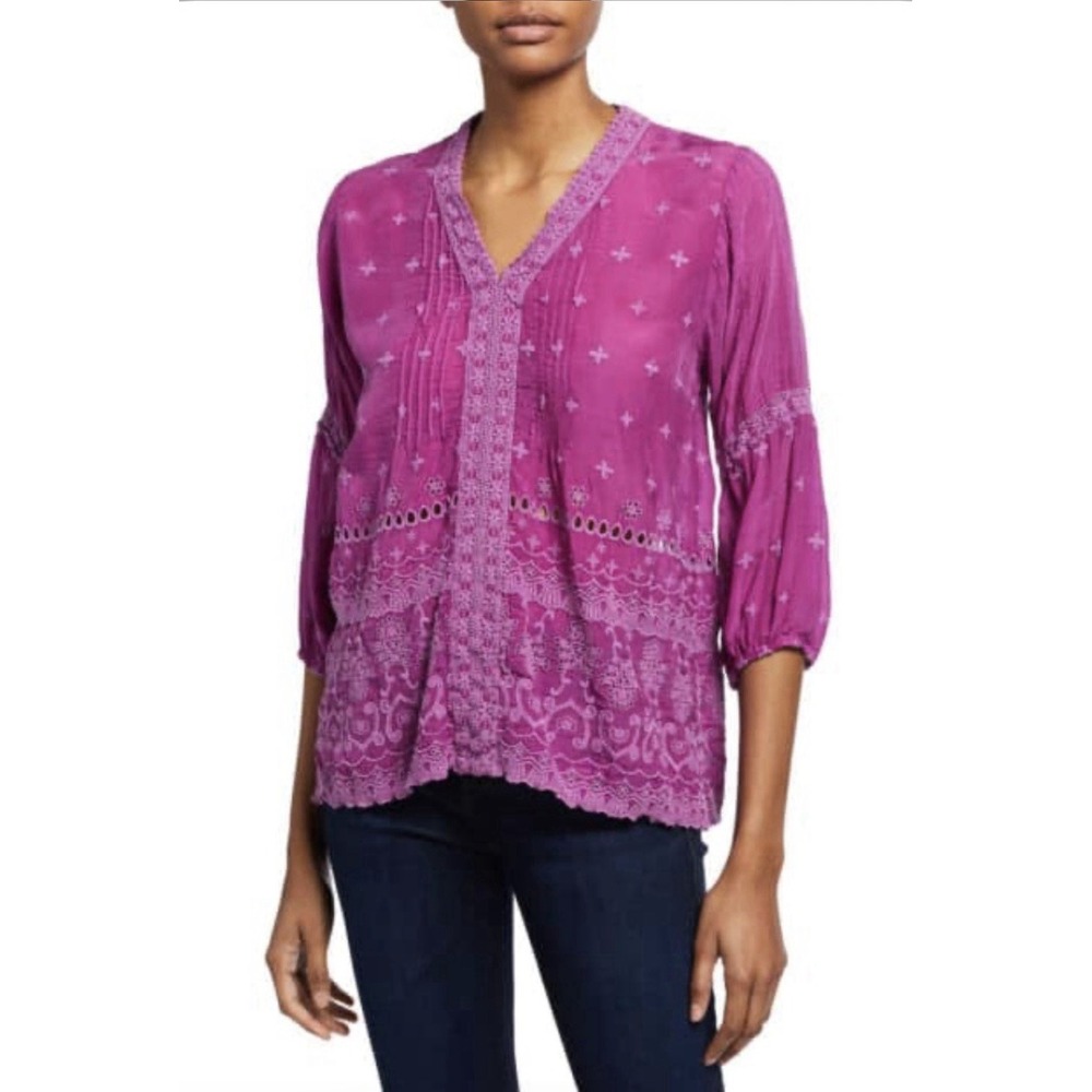 Johnny Was Tatiana Blouse XL Purple Embroidered Eyelet Boho peasant Cottagecore